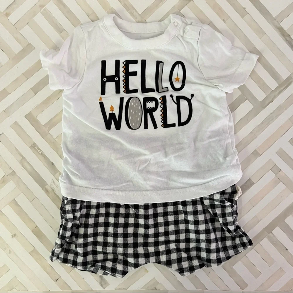 GAP Baby Hello World Onesie with Gingham Shorts, 3-6mo